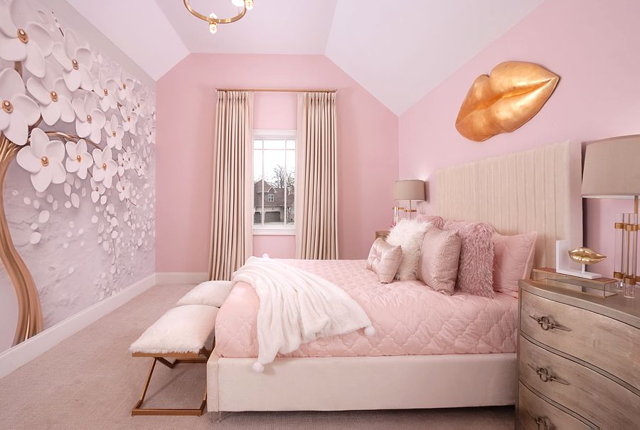 A 3D wall mural is a stunning addition to this glamorous girls bedroom.