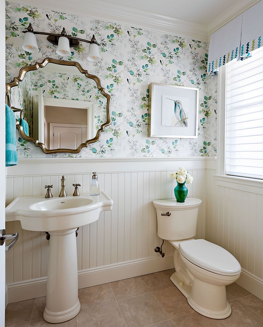 A powder room is a great place to experiment with wallpaper.